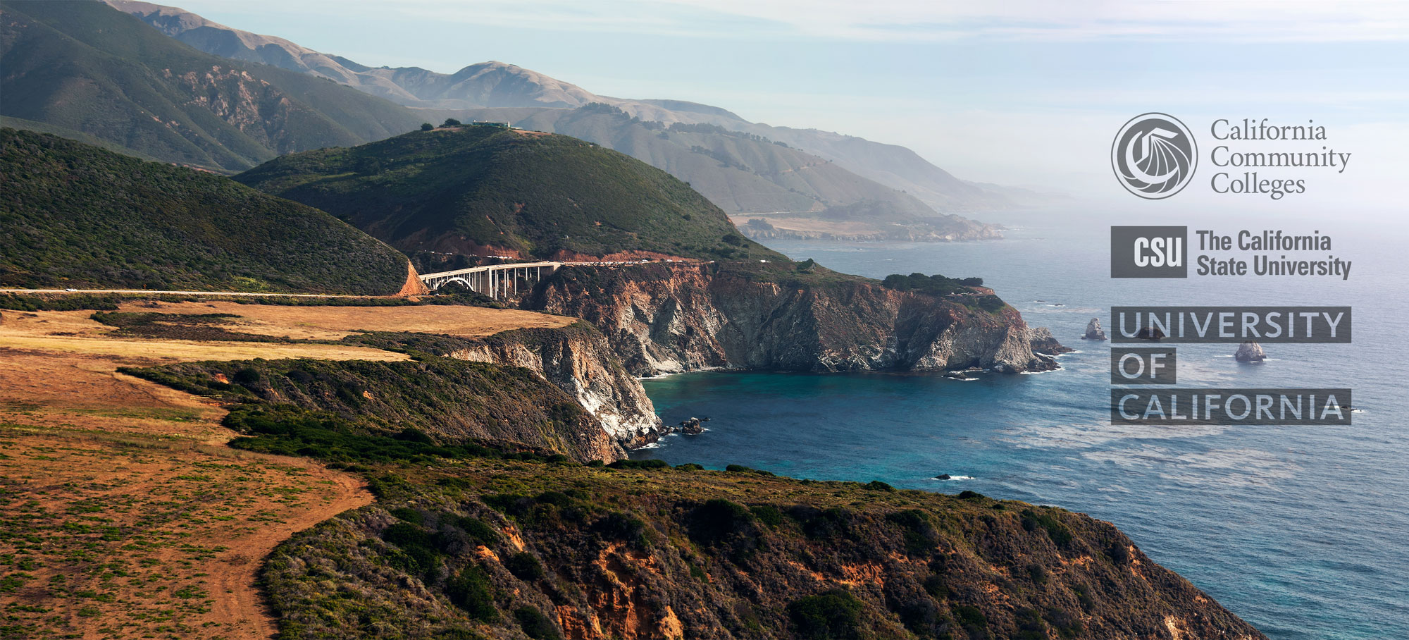 Photo of California central coast with CSU, UC, and CCC logos