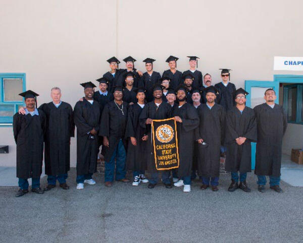 Cohorts 1 and 2 graduate with bachelor’s degrees in communication before friends and family on October 6, 2021. Photo credit: Robert Huskey, Cal State LA.